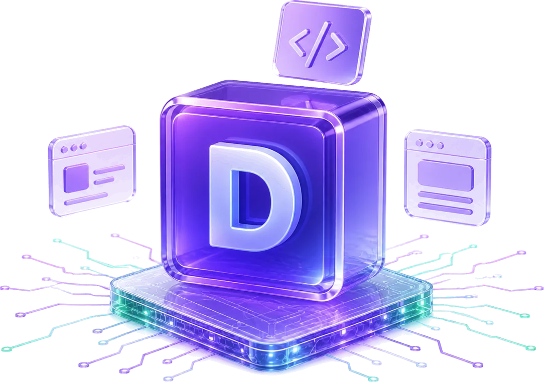 A DevTeamOne üveges D emblémája kód- és naptárkártyákkal körülvéve