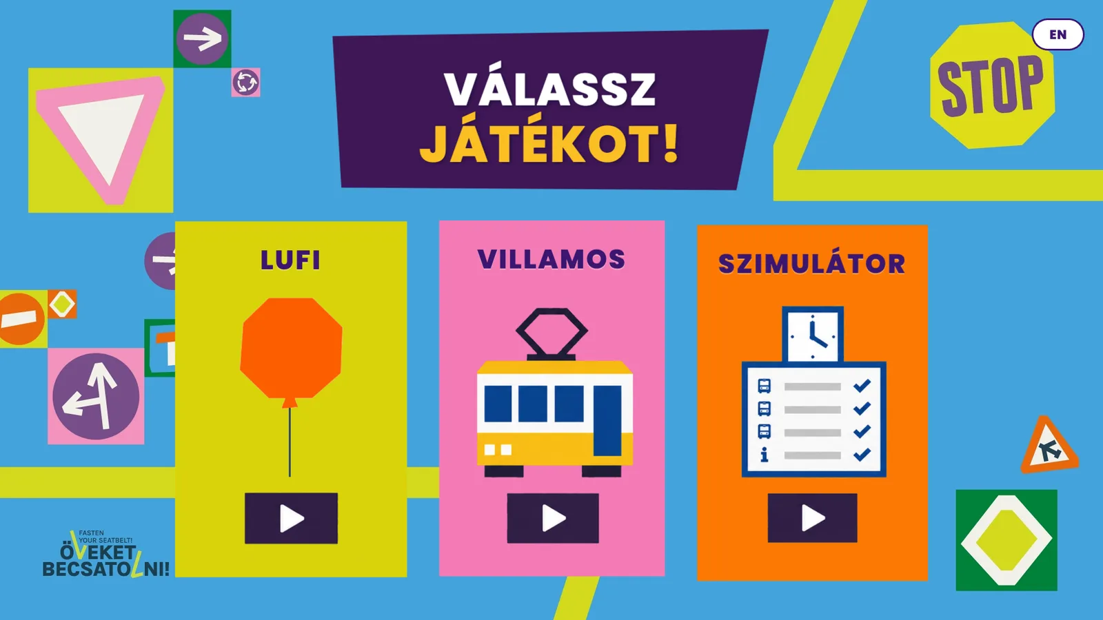 The game picker: Balloon, Tram and Simulator cards on a sky-blue background